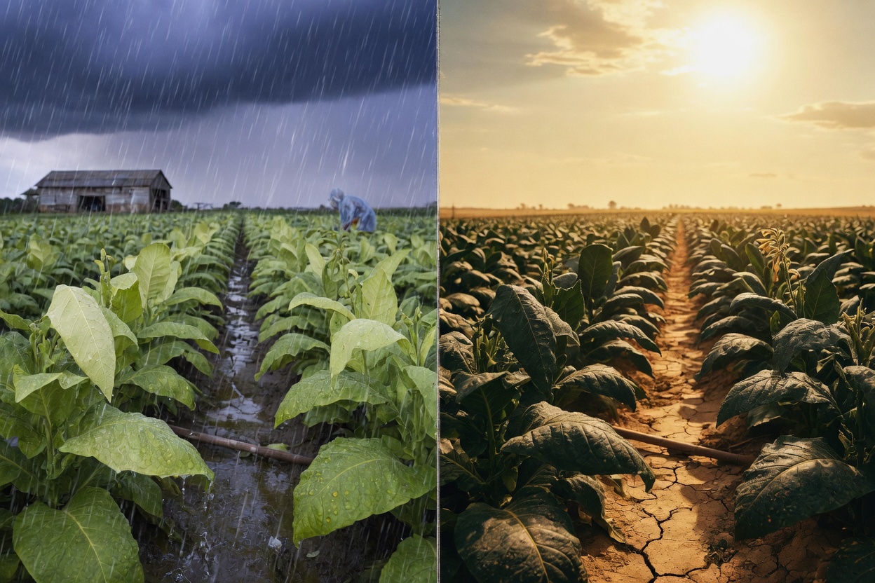 The tobacco field after heavy rain: when maturity meets intense rainfall, leaf thickness and tissue density are reshaped.