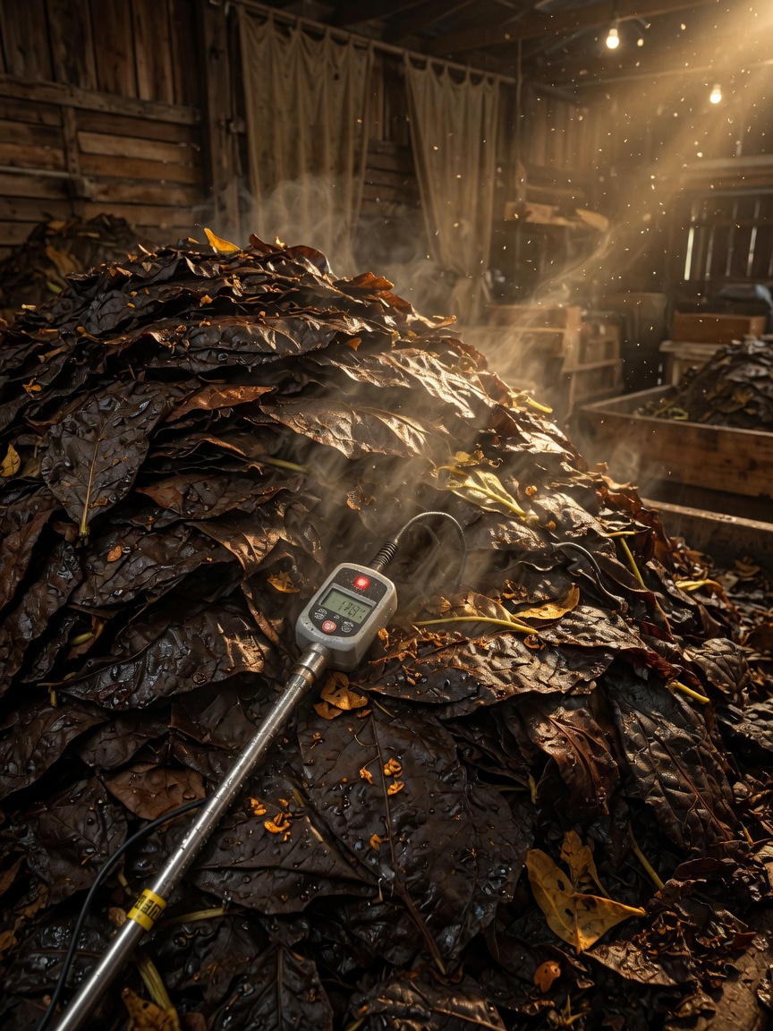 Illustration: the pile core and surface temperature and humidity of cigar leaf pile fermentation (pilón) — the center is hot, the periphery cool, and the humidity field tends the opposite way.